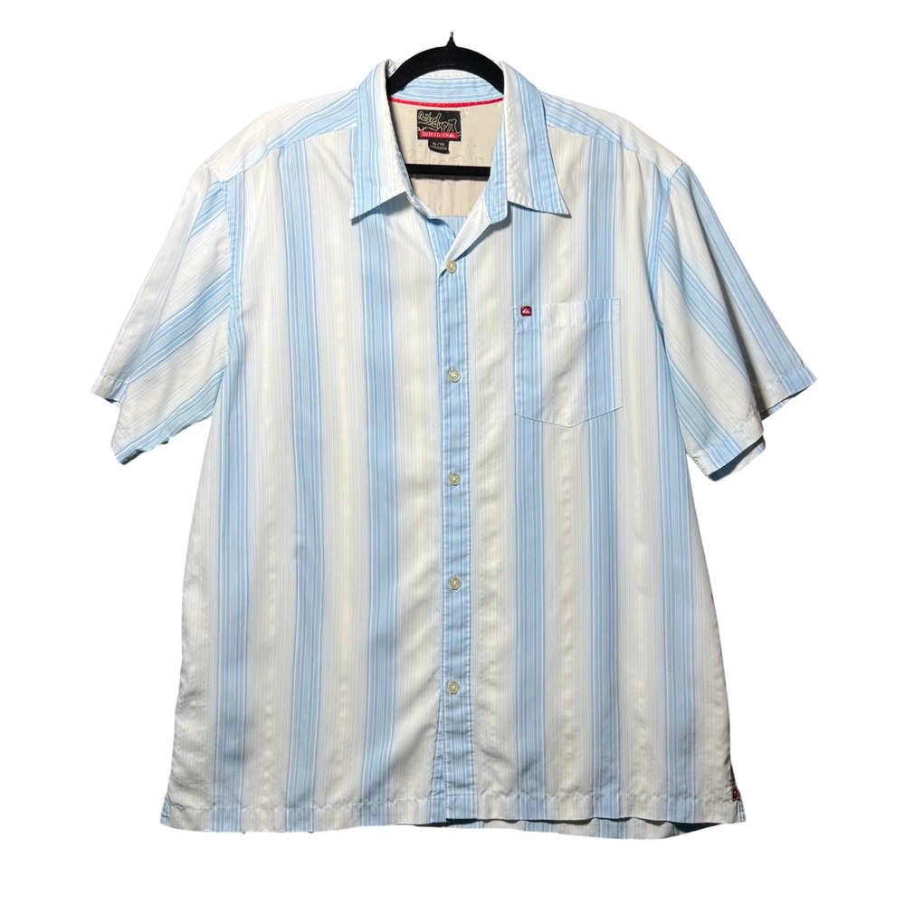 Quiksilver Vintage Y2K Striped Short Sleeve Button Up Shirt Blue White XL